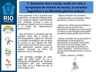 7. Relacionar fala e escrita, tendo em vista a
apropriação do sistema de escrita, as variantes
linguísticas e os diferentes gêneros textuais.
- Para aprender a ler e escrever com
autonomia, o requisito indispensável,
é ser capaz de operar racionalmente
com unidades sonoras e com as
complexas relações entre os fonemas
e o modo de representá-los
graficamente.
- Para fortalecer a compreensão das
relações entre fala e escrita ou
fonema-grafema sugere-se focalizar
as unidades fonológicas com as quais
os alunos já são capazes de lidar
antes mesmo de entrar para a escola.
São segmentos sonoros como as
sílabas, começos ou finais de
palavras, rimas, aliterações.
- Por exemplo, cantigas de roda,
jogos de salão como .Lá vai a
barquinha carregadinha de. (palavras
começadas com [ca], terminadas
com [ão], etc.), a língua do pê, os
trava-línguas, etc.
* Alguns exemplos de atividades:
- Decomposição e composição silábica
de palavras, na fala e na escrita.
- Separar em sílabas palavras faladas e
observar de que maneira essa
separação se configura na escrita ajuda
os alunos na identificação e percepção
da representação gráfica dos fonemas.
- Outras atividades são as que pedem a
identificação e comparação da
quantidade, da variação e da posição
das letras na escrita: bingo, texto
lacunado, colocação de palavras em
ordem alfabética, confronto entre a
escrita produzida pelo aluno e a escrita
padrão.
(CEALE, Caderno 2, UFMG).
 