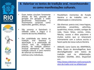 8. Valorizar os textos de tradição oral, reconhecendo-
os como manifestações culturais.
• Esses textos circulam livremente
através da fala, passada de
geração em geração e estão
geralmente relacionados a
movimentos corporais como
expressões, gestões, danças.
• São sonoros e favoráveis à
reflexão sobre a língua e o
sistema de escrita alfabética.
• Dar visibilidade aos textos de
tradição oral favorece a
apreciação e a valorização da
cultura oral, do imaginário
popular, da tradição poético-
musical atemporal, de nossa
tradição cultural, é uma maneira
de valorizar as memórias
coletivas e/ou individuais.
• Possibilitam momentos de fruição
literária e de trabalho com a
alfabetização e o letramento.
• São diversos: poesia oral, trava-linguas,
parlendas, provérbios, adivinhas,
quadrinhas, trovas, cordéis, cantigas de
roda, frases feitas, contos, mitos,
fábulas, causos e ditos populares e
muitos outros que se relacionam
intimamente com a cultura escrita e
fazem parte da nossa cultura literária.
• ARAUJO, Liane Castro de; ARAPIRACA,
Mary. Quem os desmafagafizar, bom
desmafagafizador será: textos de
tradição oral na alfabetização.
Salvador: EDUFBA, 2011. Disponível
em:
http://www.slideshare.net/Licaraujo/te
xtos-da-tradio-oral-na-alfabetizao).
 