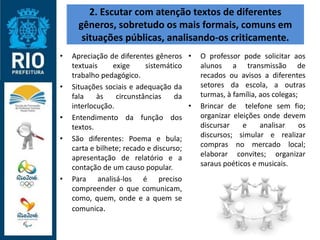 2. Escutar com atenção textos de diferentes
gêneros, sobretudo os mais formais, comuns em
situações públicas, analisando-os criticamente.
• Apreciação de diferentes gêneros
textuais exige sistemático
trabalho pedagógico.
• Situações sociais e adequação da
fala às circunstâncias da
interlocução.
• Entendimento da função dos
textos.
• São diferentes: Poema e bula;
carta e bilhete; recado e discurso;
apresentação de relatório e a
contação de um causo popular.
• Para analisá-los é preciso
compreender o que comunicam,
como, quem, onde e a quem se
comunica.
• O professor pode solicitar aos
alunos a transmissão de
recados ou avisos a diferentes
setores da escola, a outras
turmas, à família, aos colegas;
• Brincar de telefone sem fio;
organizar eleições onde devem
discursar e analisar os
discursos; simular e realizar
compras no mercado local;
elaborar convites; organizar
saraus poéticos e musicais.
 