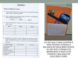 EU SEI QUE O MINI COOPER É 
MAIS PESADO PORQUE A 
BALANÇA DE EQUILÍBRIO DESCE. 
EU SEI QUE O ÔNIBUS DE 
BRINQUEDO É MAIS LEVE 
PORQUE A BALANÇA DE 
EQUILÍBRIO SOBE. 
 