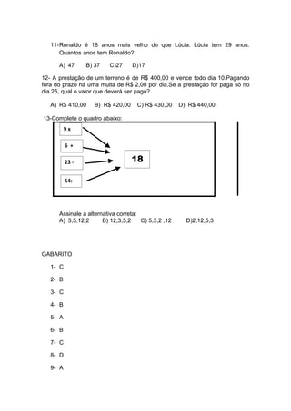 11-Ronaldo é 18 anos mais velho do que Lúcia. Lúcia tem 29 anos.
      Quantos anos tem Ronaldo?

      A) 47      B) 37   C)27      D)17

12- A prestação de um terreno é de R$ 400,00 e vence todo dia 10.Pagando
fora do prazo há uma multa de R$ 2,00 por dia.Se a prestação for paga só no
dia 25, qual o valor que deverá ser pago?

   A) R$ 410,00     B) R$ 420,00    C) R$ 430,00     D) R$ 440,00

13-Complete o quadro abaixo:
          9x

          6 +

          23 -                     18

          54:




      Assinale a alternativa correta:
      A) 3,5,12,2      B) 12,3,5,2    C) 5,3,2 ,12     D)2,12,5,3




GABARITO

   1- C

   2- B

   3- C

   4- B

   5- A

   6- B

   7- C

   8- D

   9- A
 
