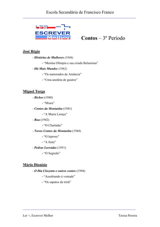 Escola Secundária de Francisco Franco
______________________________________________________________________




                                          Contos – 3º Período

José Régio
      - Histórias de Mulheres (1946)
             - “Menina Olímpia e sua criada Belarmina”
      - Há Mais Mundos (1962)
             - “Os namorados de Amância”
             - “Uma anedota de gaiatos”


Miguel Torga
      - Bichos (1940)
             - “Miura”
      - Contos da Montanha (1941)
             - “A Maria Lionça”
      - Rua (1942)
             - “O Charlatão”
      - Novos Contos da Montanha (1944)
             - “O leproso”
             - “A festa”
      - Pedras Lavradas (1951)
             - “O Segredo”


Mário Dionísio
      - O Dia Cinzento e outros contos (1944)
             - “Assobiando à vontade”
             - “Os sapatos da irmã”




______________________________________________________________________

Ler +, Escrever Melhor                                     Teresa Pereira
 
