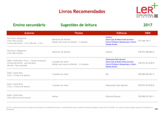 Livros Recomendados
Ensino secundário Sugestões de leitura 2017
Autores Títulos Editoras ISBN
Yourcenar, Marguerite
(Trad. Maria Lamas)
(Transcrição Braille - s/ref.) (Revisão - s/ref.)
Memórias de Adriano
Edição com texto em Braille - 5 volumes
Ulisseia
Santa Casa da Misericórdia do Porto
Centro Professor Albuquerque e Castro
Edições Braille
972-568-105-3
Yourcenar, Marguerite
(Trad. Maria Lamas)
Memórias de Adriano Ulisseia 978-972-568-685-0
Zafón, Carlos Ruiz (Trad. J. Teixeira de Aguilar)
(Transcrição Braille - Laurinda Mota)
(Revisão - Paulo Andrade)
A sombra do vento
Edição com texto em Braille - 13 volumes
Publicações Dom Quixote
Santa Casa da Misericórdia do Porto
Centro Professor Albuquerque e Castro
Edições Braille
978-972-20-3230-8
Zafón, Carlos Ruiz
(Trad. J. Teixeira de Aguilar)
A sombra do vento BIS 978-989-660-081-5
Zafón, Carlos Ruiz
(Trad. J. Teixeira de Aguilar)
A sombra do vento Publicações Dom Quixote 978-972-20-3230-8
Zafón, Carlos Ruiz
(Trad. Maria do Carmo Abreu)
Marina Editorial Planeta 978-989-657-461-1
Em 2017, deixa de ser aceite em qualquer nível educativo ou modalidade de leitura, a substituição de obras constantes das listas divulgadas no sítio Web do PNL2027 por outras da mesma coleção, autor(es), ilustrador(es) e
tradutor(es). 108
 