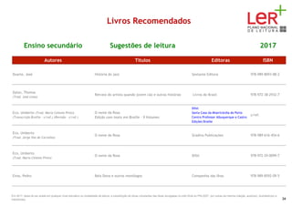 Livros Recomendados
Ensino secundário Sugestões de leitura 2017
Autores Títulos Editoras ISBN
Duarte, José História do jazz Sextante Editora 978-989-8093-88-2
Dylan, Thomas
(Trad. José Lima)
Retrato do artista quando jovem cão e outras histórias Livros do Brasil 978-972-38-2932-7
Eco, Umberto (Trad. Maria Celeste Pinto)
(Transcrição Braille - s/ref.) (Revisão - s/ref.)
O nome da Rosa
Edição com texto em Braille - 9 Volumes
Difel
Santa Casa da Misericórdia do Porto
Centro Professor Albuquerque e Castro
Edições Braille
s/ref.
Eco, Umberto
(Trad. Jorge Vaz de Carvalho)
O nome da Rosa Gradiva Publicações 978-989-616-454-6
Eco, Umberto
(Trad. Maria Celeste Pinto)
O nome da Rosa Difel 978-972-29-0099-7
Eiras, Pedro Bela Dona e outros monólogos Companhia das Ilhas 978-989-8592-09-5
Em 2017, deixa de ser aceite em qualquer nível educativo ou modalidade de leitura, a substituição de obras constantes das listas divulgadas no sítio Web do PNL2027 por outras da mesma coleção, autor(es), ilustrador(es) e
tradutor(es). 34
 