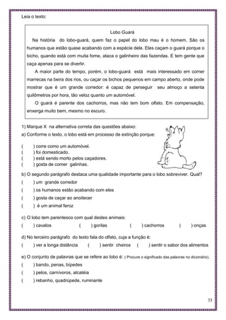 35
Leia o texto:
Lobo Guará
Na história do lobo-guará, quem faz o papel do lobo mau é o homem. São os
humanos que estão quase acabando com a espécie dele. Eles caçam o guará porque o
bicho, quando está com muita fome, ataca o galinheiro das fazendas. E tem gente que
caça apenas para se divertir.
A maior parte do tempo, porém, o lobo-guará está mais interessado em comer
marrecas na beira dos rios, ou caçar os bichos pequenos em campo aberto, onde pode
mostrar que é um grande corredor: é capaz de perseguir seu almoço a setenta
quilômetros por hora, tão veloz quanto um automóvel.
O guará é parente dos cachorros, mas não tem bom olfato. Em compensação,
enxerga muito bem, mesmo no escuro.
1) Marque X na alternativa correta das questões abaixo:
a) Conforme o texto, o lobo está em processo de extinção porque:
( ) corre como um automóvel.
( ) foi domesticado.
( ) está sendo morto pelos caçadores.
( ) gosta de comer galinhas.
b) O segundo parágrafo destaca uma qualidade importante para o lobo sobreviver. Qual?
( ) um grande corredor
( ) os humanos estão acabando com eles
( ) gosta de caçar ao anoitecer
( ) é um animal feroz
c) O lobo tem parentesco com qual destes animais:
( ) cavalos ( ) gorilas ( ) cachorros ( ) onças
d) No terceiro parágrafo do texto fala do olfato, cuja a função é:
( ) ver a longa distância ( ) sentir cheiros ( ) sentir o sabor dos alimentos
e) O conjunto de palavras que se refere ao lobo é: ( Procure o significado das palavras no dicionário).
( ) bando, penas, bípedes
( ) pelos, carnívoros, alcatéia
( ) rebanho, quadrúpede, ruminante
 