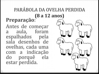 PARÁBOLA DA OVELHA PERDIDA
(8 a 12 anos)
Preparação:
Antes de começar
a aula, foram
espalhados pela
sala desenhos de
ovelh...