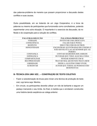 12
das palavras-problema de maneira que possam proporcionar a discussão destes
conflitos e suas causas.
Outra possibilidade, em se tratando de um Jogo Cooperativo, é a troca de
palavras ou mesmo de participantes que funcionarão como conciliadores, podendo
experimentar uma outra situação. O importante é o exercício da discussão, da re-
flexão e da cooperação para a solução de conflitos.
PALAVRAS-SOLUÇÃO PALAVRAS-PROBLEMAS
VERDADE INVENTAR UMA DESCULPA
CONSCIÊNCIA FALAR O QUE PENSA
RESPEITO DISCUTIR COM OS OUTROS
HONESTIDADE ENCONTRAR AS ENTRADAS DO CINEMA E
NÃO DEVOLVÊ-LAS AO SENHOR QUE AS
PERDEU
CONFIANÇA CONTAR SEGREDOS DOS AMIGOS
ESPERANÇA DUVIDAR QUE TERÁ ALGUMA COISA
COMPARTILHAR PENSAR SOMENTE EM SI
RECIPROCIDADE TRATAR MAL QUEM NOS TRATA BEM
LIBERDADE DIZER A ALGUÉM COMO VIVER
ACREDITAR ACHAR QUE TODAS AS PESSOAS SÃO
DESONESTAS
B- TÉCNICA ERA UMA VEZ... – CONSTRUÇÃO DE TEXTO COLETIVO
- Fazer a caracterização de bruxa para iniciar uma técnica de produção de texto
oral, cujo tema seja: Mentira.
- Em círculo, os participantes deverão utilizar um rolo de barbante e segurar um
pedaço marcando o seu limite. Ao final, à medida que o enrolarem construirão
uma história dando seqüência ao colega anterior.
 