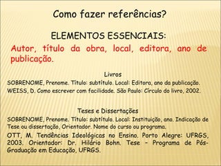 ELEMENTOS ESSENCIAIS: Autor, título da obra, local, editora, ano de publicação. Como fazer referências? Livros SOBRENOME, Prenome. Título: subtítulo. Local: Editora, ano da publicação. WEISS, D. Como escrever com facilidade. São Paulo: Círculo do livro, 2002. Teses e Dissertações SOBRENOME, Prenome. Título: subtítulo. Local: Instituição, ano. Indicação de Tese ou dissertação, Orientador. Nome do curso ou programa .  OTT, M. Tendências Ideológicas no Ensino. Porto Alegre: UFRGS, 2003. Orientador: Dr. Hilário Bohn. Tese – Programa de Pós-Graduação em Educação, UFRGS.  