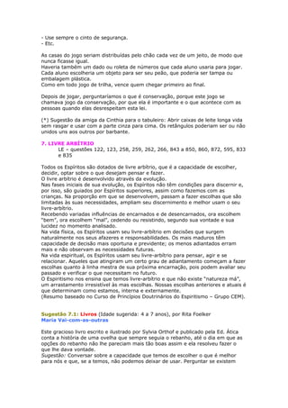 - Use sempre o cinto de segurança.
- Etc.
As casas do jogo seriam distribuídas pelo chão cada vez de um jeito, de modo que
nunca ficasse igual.
Haveria também um dado ou roleta de números que cada aluno usaria para jogar.
Cada aluno escolheria um objeto para ser seu peão, que poderia ser tampa ou
embalagem plástica.
Como em todo jogo de trilha, vence quem chegar primeiro ao final.
Depois de jogar, perguntaríamos o que é conservação, porque este jogo se
chamava jogo da conservação, por que ela é importante e o que acontece com as
pessoas quando elas desrespeitam esta lei.
(*) Sugestão da amiga da Cinthia para o tabuleiro: Abrir caixas de leite longa vida
sem rasgar e usar com a parte cinza para cima. Os retângulos poderiam ser ou não
unidos uns aos outros por barbante.
7. LIVRE ARBÍTRIO
LE – questões 122, 123, 258, 259, 262, 266, 843 a 850, 860, 872, 595, 833
e 835
Todos os Espíritos são dotados de livre arbítrio, que é a capacidade de escolher,
decidir, optar sobre o que desejam pensar e fazer.
O livre arbítrio é desenvolvido através da evolução.
Nas fases iniciais de sua evolução, os Espíritos não têm condições para discernir e,
por isso, são guiados por Espíritos superiores, assim como fazemos com as
crianças. Na proporção em que se desenvolvem, passam a fazer escolhas que são
limitadas às suas necessidades, ampliam seu discernimento e melhor usam o seu
livre-arbítrio.
Recebendo variadas influências de encarnados e de desencarnados, ora escolhem
“bem”, ora escolhem “mal”, cedendo ou resistindo, segundo sua vontade e sua
lucidez no momento analisado.
Na vida física, os Espíritos usam seu livre-arbítrio em decisões que surgem
naturalmente nos seus afazeres e responsabilidades. Os mais maduros têm
capacidade de decisão mais oportuna e previdente; os menos adiantados erram
mais e não observam as necessidades futuras.
Na vida espiritual, os Espíritos usam seu livre-arbítrio para pensar, agir e se
relacionar. Aqueles que atingiram um certo grau de adiantamento começam a fazer
escolhas quanto à linha mestra de sua próxima encarnação, pois podem avaliar seu
passado e verificar o que necessitam no futuro.
O Espiritismo nos ensina que temos livre-arbítrio e que não existe “natureza má”,
um arrastamento irresistível às mas escolhas. Nossas escolhas anteriores e atuais é
que determinam como estamos, interna e externamente.
(Resumo baseado no Curso de Princípios Doutrinários do Espiritismo – Grupo CEM).
Sugestão 7.1: Livros (Idade sugerida: 4 a 7 anos), por Rita Foelker
Maria Vai-com-as-outras
Este gracioso livro escrito e ilustrado por Sylvia Orthof e publicado pela Ed. Ática
conta a história de uma ovelha que sempre seguia o rebanho, até o dia em que as
opções do rebanho não lhe pareciam mais tão boas assim e ela resolveu fazer o
que lhe dava vontade.
Sugestão: Conversar sobre a capacidade que temos de escolher o que é melhor
para nós e que, se a temos, não podemos deixar de usar. Perguntar se existem
 