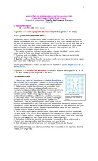 SUGESTÕES DE ATIVIDADES E MATERIAL DE APOIO
PARA DESENVOLVIMENTO DE TEMAS
Segundo a proposta da Filosofia Espírita para Crianças
Parte II
5. REENCARNAÇÃO
LE – questões 166 a 171 e 222
Sugestão 5.1: Livro e proposta de atividade (Idade sugerida: 4 a 6 anos)
A Vida (Coleção Sementinha de Luz)
Sementinha de Luz é uma coleção da Ed. Lachâtre escrita pela Cléo de Albuquerque
Mello e ilustrada por mim, Rita. O terceiro volume, A Vida, trata da reencarnação de
um jeito encantador para crianças pequenas. Num certo trecho, ele diz: Até você vai e
volta. Vai e volta para este nosso mundo tantas vezes que vai perder a conta. Você
pode até mudar por fora. Mas será sempre o mesmo espírito criado por DEUS!
A proposta de atividade, depois do conto, é:
1. Apresentar um cartaz onde estejam traçados cenários de cidade, campo, selva,
praia, como se fosse uma destas plantas de loteamento.
2. A criança será convidada a fazer de conta que ainda não nasceu e que precisa
escolher um lugar para nascer.
3. Quando escolher, ela se desenha no cartaz, escolhe um nome para si mesma e pode
falar sobre esta “vida” que vai ter, se quiser.
Observação: Este cartaz poderá ser aproveitado nos temas Lei de Reprodução e Lei
de Progresso.
Sugestão 5.2: Proposta de Atividade utilizando o material das sugestões 4.1 e 2 a .
2, por Rita Foelker (Idade sugerida: 5 a 8 anos)
Escolhendo papéis
1. Usaremos o material das aulas sobre Lei de Igualdade e
Os Espíritos na erraticidade, ou seja, os bonecos de papel
com as roupinhas e as caixas representando os dois planos.
2. Cada criança receberá um boneco e a proposta é fazer
roupas usadas em determinadas profissões como, por
exemplo, bombeiro, médico, cozinheira, vendedor, jardineiro, pintor,
advogado, mergulhador, etc. Quando as roupas estiverem
prontas, vamos refletir sobre algumas de suas
características: proteção, praticidade, aparência, finalidade.
3. Contamos, então, uma história de um certo personagem
que está no mundo espiritual, estudando, trabalhando,
aprendendo... Um dia, ele olha para a Terra e tem vontade
de viver novamente aqui, para usar o que tem aprendido e ensinar às pessoas coisas
importantes. Então, ele se imagina com várias roupagens, ou seja, em várias posições
sociais e em diferentes lugares, tentando decidir em que papel ele teria melhores
chances de fazer aquilo a que se propõe.
3. Faça o personagem experimentar várias roupinhas e analisar que tipo de vida ele
vai ter e o que poderá fazer. O personagem irá consultando as crianças, pedindo sua
opinião. Explique que ao reencarnar ganhamos um corpo, que é como uma roupa que
com que nos revestimos para fazer aquilo a que nos propusemos.
4. Ao final da história, ele escolherá uma roupa, renascerá na Terra e começará a
interagir com os encarnados, fazendo amizade com as crianças.
5. Esta atividade pode ser encerrada com a música “Trocando de Roupa”.
Observação: O molde para o bonequinho fica mais resistente se for recortado de uma
embalagem longa vida.
5
Faça um molde seguindo esta
proporção, recorte e coloque sobre o
papel que será usado para fazer os
bonecos.
 