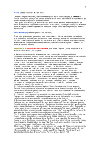 Maria (Idade sugerida: 4 a 14 anos)
Um tema importantíssimo, estreitamente ligado ao da reencarnação, é a família.
Iniciar abordando os laços da família material é um modo de destacar a importância do
evento material/espiritual do renascimento.
Creio que o livro Maria (Ed. Mundo Maior) ajuda nisto. Ele fala de Maria grávida de
Jesus e traz várias sugestões de atividade. Numa delas, a criança é convidada a refletir
sobre a função da família perante o bebê que chega, sobre dar-lhe proteção, afeto e
assistência.
Rei e Mendigo (Idade sugerida: 9 a 13 anos)
É um livro que escrevi, publicado pela Editora EME. Conta a história de um Espírito
que, tendo sua mais recente encarnação como mendigo, sonha em renascer como um
rei para fazer o bem aos pobres e à sociedade. Mas quando recebe esta oportunidade,
abandona seu compromisso consigo mesmo, até que conhece alguém... o resto, só
lendo a história, mesmo!
Sugestão 5.5: Descrição de Atividade, por Jaime Togores (Idade sugerida: 8 a 12
anos) - Várias aulas (um projeto).
1. Perguntamos quais são as etapas de uma construção. Surgiram algumas
respostas:Escolha do terreno, plano, planta, escolha do material, definição da utilidade
do imóvel, acabamento, etc... Procuramos dar uma ordem ao processo.
2. Pedimos para as crianças listarem as variadas construções que vemos pela
cidade: Casas (térreas/sobrados), prédios (pequenos/grandes) , shopping, igrejas,
lojas, ginásios, estádio, estacionamento, clube, centro espíritas, escolas, cheches,
hospital, cemitério, teatro, cinema, museu... a lista ficou enorme...
3. Pedimos para as crianças fazer uma maquete de uma das construções
citadas (fazendo, primeiramente, um planejamento - um dos itens da
construção - e definir o material da maquete: isopor, papel, papelão, papel cartão).
4. Construíram suas maquetes, pintaram e aí trouxemos um arquiteto
(professor adjunto da Faculdade de Arquitetura para falar conosco sobre as
fases de uma construção - comparamos com as que havíamos listado - , expor
várias maquetes, inclusive em pvc, mostrar trabalhos seus - plantas
decoradas e plantas com aprovação na prefeitura - e ele fez, na hora, uma
maquete em papel) e foi excelente.
5. Pedimos para eles fazerem um boneco (figura humana) que tivesse volume.
Sempre fazemos bonecos "chapados" como esse que a Rita enviou para nós. Nós
queríamos um feito de papel, mas com volume, como uma maquete. Só duas crianças
conseguiram realizar a "obra".
6. Pedimos para montarem uma cidade com as maquetes feitas (13 no total).
Fizeram um mapa(plano) na lousa(observamos a forma de trabalho em grupo de
cada integrante) e, em seguida, no papel (estamos nesta fase...)
7. Interrompemos para fazer várias perguntas na última reunião: Você acredita que a
Natureza tem um planejamento? Se, sim, quem planejou? Você acredita que o nosso
Planeta obedece a um planejamento ? Explique ou justifique sua opinião? Você acredita
que a nossa vida teve um planejamento ? Se, sim, quando e quem o fez? Quais são as
razões que o levam a negar ou afirmar esse planejamento? O que é mais difícil, na
sua opinião, fazer uma construção ou planejar uma "vida", uma existência na Terra? O
que seria ou é mais importante num planejamento reencarnatório?
Pois é, amigos, estamos por aqui, nesta fase... Uma vida é uma construção: cheia de
fases, repleta de detalhes... aparentemente todas obedecem a uma mesma
metodologia, mas não são iguais. Uma família é uma reunião de vidas....Uma
cidade é uma família de construções... O proprietário administra a construção, cuida,
zela. O espírito é responsável por sua vida. Nas construções existem reformas que
renovam ...nas vidas modificações para melhor...
Observação: A idéia é realizar, como alguém no grupo já falou: um planejamento
reencarnatório. Fato descrito com detalhes em dois livros: Missionários da Luz
(Reencarnação de Segismundo - André Luiz/Chico Xavier) e Memórias de um
Suicida (Camilo Castelo Branco/Yvonne Pereira) ambos da Ed. FEB.
7
 