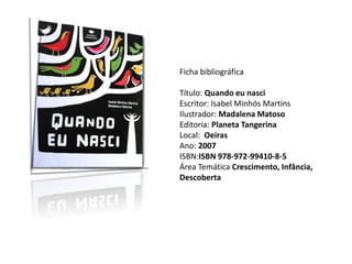 Ficha bibliográfica

Título: Quando eu nasci
Escritor: Isabel Minhós Martins
Ilustrador: Madalena Matoso
Editoria: Planeta Tangerina
Local: Oeiras
Ano: 2007
ISBN:ISBN 978-972-99410-8-5
Área Temática Crescimento, Infância,
Descoberta
 