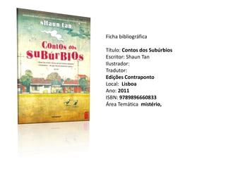 Ficha bibliográfica

Título: Contos dos Subúrbios
Escritor: Shaun Tan
Ilustrador:
Tradutor:
Edições Contraponto
Local: Lisboa
Ano: 2011
ISBN: 9789896660833
Área Temática mistério,
 