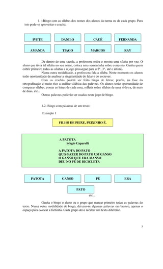 1.1-Bingo com as sílabas dos nomes dos alunos da turma ou de cada grupo. Para
 isto pode-se aproveitar o crachá.



       IVETE                  DANILO                    CAUÊ                FERNANDA


      AMANDA                   TIAGO                 MARCOS                     RAY


                De dentro de uma sacola, a professora retira e mostra uma sílaba por vez. O
aluno que tiver tal sílaba no seu nome, coloca uma sementinha sobre o mesmo. Ganha quem
cobrir primeiro todas as sílabas e o jogo prossegue para o 2º, 3º, até o último.
                Numa outra modalidade, a professora fala a sílaba. Neste momento os alunos
terão oportunidade de analisar a singularidade do falar e do escrever.
                Com os crachás poderá ser feito bingo de letras; porém, na fase da
ortografização é muito rico a análise silábica das palavras. Os alunos terão oportunidade de
comparar sílabas, contar as letras de cada uma, refletir sobre sílabas de uma só letra, de mais
de duas, etc...
                Outras palavras poderão ser usadas neste jogo de bingo.


              1.2- Bingo com palavras de um texto:

               Exemplo 1

                            FILHO DE PEIXE, PEIXINHO É.




                             A PATOTA
                                 Sérgio Caparelli

                            A PATOTA DO PATO
                            QUIS FAZER DO PATO UM GANSO
                            O GANSO QUE ERA MANSO
                            DEU NO PÉ DE BICICLETA




      PATOTA                   GANSO                         PÉ                 ERA


                                          PATO
                                                    etc...

              Ganha o bingo o aluno ou o grupo que marcar primeiro todas as palavras do
texto. Numa outra modalidade de bingo, deixam-se algumas palavras em branco, apenas o
espaço para colocar a fichinha. Cada grupo deve receber um texto diferente.




                                                                                             3
 