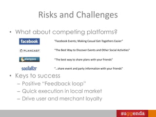 How will we make money?Deals to be primary focusAnticipate remitting 80% of coupon revenue to restaurantsEven with 5% of the market we see attractive revenue potential*13.7 MM represents  diners within target demographic of 20-34 year olds who were seated through online reservations in 2010