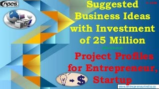 www.entrepreneurindia.co
Suggested
Business Ideas
with Investment
of 25 Million
(Machinery).
Project Profiles
for Entrepre...