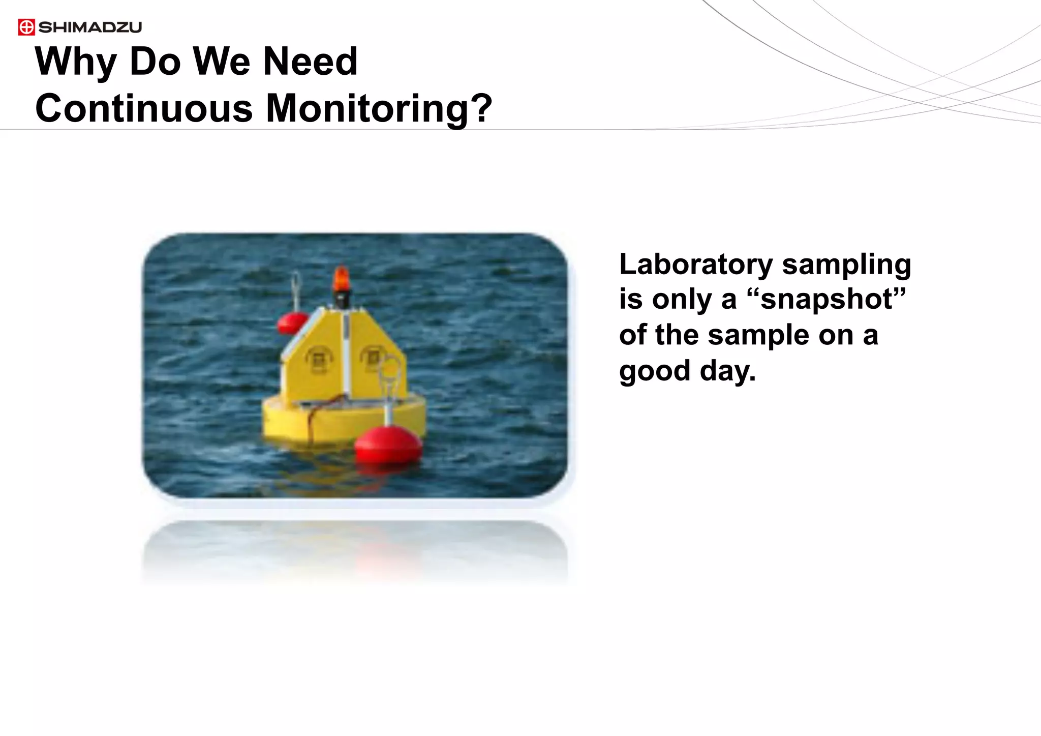 2  / 92  / 9
Why Do We Need
Continuous Monitoring? 	
 
Laboratory sampling
is only a “snapshot”
of the sample on a
good day.
 