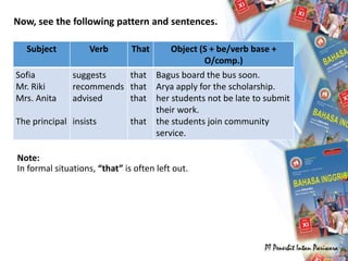 Now, see the following pattern and sentences.
Subject Verb That Object (S + be/verb base +
O/comp.)
Sofia
Mr. Riki
Mrs. Anita
The principal
suggests
recommends
advised
insists
that
that
that
that
Bagus board the bus soon.
Arya apply for the scholarship.
her students not be late to submit
their work.
the students join community
service.
Note:
In formal situations, “that” is often left out.
 
