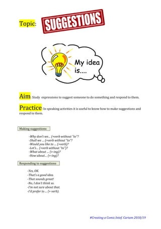  	
  	
  #Creating	
  a	
  Comic.Intef.	
  Cariam	
  2018/19	
  
Topic:	
  	
  	
  	
  	
  	
  	
  	
  	
  
	
  
	
  
	
  
	
  
	
  
	
  	
  	
  	
  	
  	
  	
  	
  	
  	
  	
  	
  	
  	
  	
  	
  	
  	
  	
  	
  	
  	
  	
  	
  	
  	
  	
  	
  	
  	
  	
  	
  
	
  
	
  
	
  
	
  
	
  
	
  
	
  
	
  
	
  
	
  
	
  
Aim:	
  Study	
  	
  expressions	
  to	
  suggest	
  someone	
  to	
  do	
  something	
  and	
  respond	
  to	
  them.	
  
	
  
Practice:	
  In	
  speaking	
  activities	
  it	
  is	
  useful	
  to	
  know	
  how	
  to	
  make	
  suggestions	
  and	
  
respond	
  to	
  them.	
  
	
  
	
  
	
  
Making	
  suggestions	
  
	
  
-­‐Why	
  don’t	
  we…	
  (+verb	
  without	
  “to”?	
  
-­‐Shall	
  we	
  …	
  (+verb	
  without	
  “to”?	
  
-­‐Would	
  you	
  like	
  to	
  …	
  (+verb)?	
  
-­‐Let’s…	
  (+verb	
  without	
  “to”)?	
  
-­‐What	
  about	
  …	
  (+-­‐ing)?	
  
-­‐How	
  about…	
  (+-­‐ing)?	
  
	
  
Responding	
  to	
  suggestions	
  
-­‐Yes,	
  OK.	
  
-­‐That’s	
  a	
  good	
  idea.	
  
-­‐That	
  sounds	
  great!	
  
-­‐No,	
  I	
  don’t	
  think	
  so.	
  
-­‐I’m	
  not	
  sure	
  about	
  that.	
  
-­‐I’d	
  prefer	
  to	
  ...	
  (+	
  verb).	
  
 