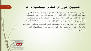 ‫تعیین‬‫پیشنهادات‬ ‫نظام‬ ‫شورای‬
‫یعنی‬ ،‫باشد‬ ‫دموكراتیك‬ ‫كمیته‬ ‫انتخاب‬ ‫است‬ ‫بهتر‬
‫كمیته‬ ‫این‬ ‫در‬ ‫مدیران‬ ‫و‬ ‫كاركنان‬ ‫از‬ ‫نمایندگانی‬
‫حضورداشته‬‫تا‬ ‫باشند‬،‫كاركنان‬ ‫نیازهای‬ ‫و‬ ‫مسائل‬
‫گردد‬ ‫لحاظ‬ ‫پیشنهادات‬ ‫اجرای‬ ‫در‬ ‫سازمان‬ ‫و‬ ‫مدیران‬.
‫به‬ ‫است‬ ‫ممكن‬ ‫كمیته‬ ‫این‬ ‫مختلف‬ ‫های‬‫سازمان‬ ‫در‬ ‫البته‬
‫پیشنهادات‬ ‫پذیرش‬ ‫شورای‬ ‫یا‬ ‫تیم‬ ،‫گروه‬ ‫های‬‫نام‬
‫باشد‬ ‫شده‬‫تشکیل‬.
10
 