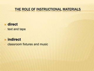 THE ROLE OF INSTRUCTIONAL MATERIALS



   direct
   text and tape


   indirect
   classroom fixtures and music
 