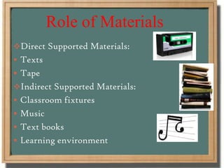 Role of Materials
Direct Supported Materials:
 Texts
 Tape
Indirect Supported Materials:
 Classroom fixtures
 Music
 Text books
 Learning environment
 