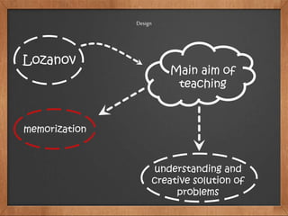 Design
Lozanov
Main aim of
teaching
memorization
understanding and
creative solution of
problems
 