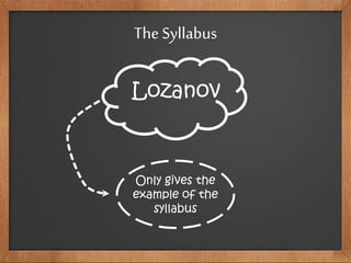 The Syllabus
Lozanov
Only gives the
example of the
syllabus
 