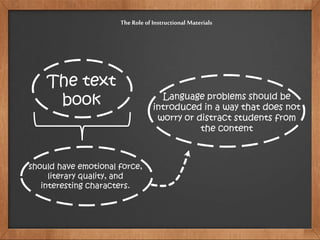 The text
book
should have emotional force,
literary quality, and
interesting characters.
The Role of Instructional Materials
Language problems should be
introduced in a way that does not
worry or distract students from
the content
 