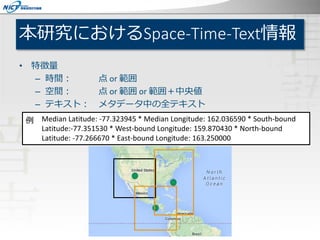 本研究におけるSpace-Time-Text情報
• 特徴量
– 時間： 点 or 範囲
– 空間： 点 or 範囲 or 範囲＋中央値
– テキスト： メタデータ中の全テキスト
Median Latitude: -77.323945 * Median Longitude: 162.036590 * South-bound
Latitude:-77.351530 * West-bound Longitude: 159.870430 * North-bound
Latitude: -77.266670 * East-bound Longitude: 163.250000
例
 