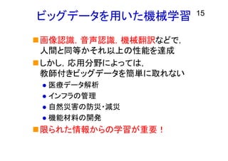 ビッグデータを用いた機械学習
画像認識，音声認識，機械翻訳などで，
人間と同等かそれ以上の性能を達成
しかし，応用分野によっては，
教師付きビッグデータを簡単に取れない
 医療データ解析
 インフラの管理
 自然災害の防災・減災
 機能材料の開発
限られた情報からの学習が重要！
15
 
