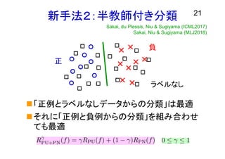新手法２：半教師付き分類 21
「正例とラベルなしデータからの分類」は最適
それに「正例と負例からの分類」を組み合わせ
ても最適
正
負
ラベルなし
Sakai, du Plessis, Niu & Sugiyama (ICML2017)
Sakai, Niu & Sugiyama (MLJ2018)
 