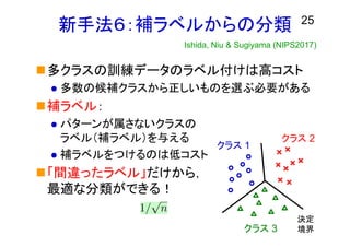 新手法６：補ラベルからの分類
多クラスの訓練データのラベル付けは高コスト
 多数の候補クラスから正しいものを選ぶ必要がある
補ラベル：
 パターンが属さないクラスの
ラベル（補ラベル）を与える
 補ラベルをつけるのは低コスト
「間違ったラベル」だけから，
最適な分類ができる！
25
Ishida, Niu & Sugiyama (NIPS2017)
クラス 1
クラス 2
決定
境界クラス 3
 