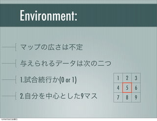 Environment:
マップの広さは不定
与えられるデータは次の二つ
1.試合続行か(0 or 1)
2.自分を中心とした9マス
1 2 3
4 5 6
7 8 9
13年8月30日金曜日
 