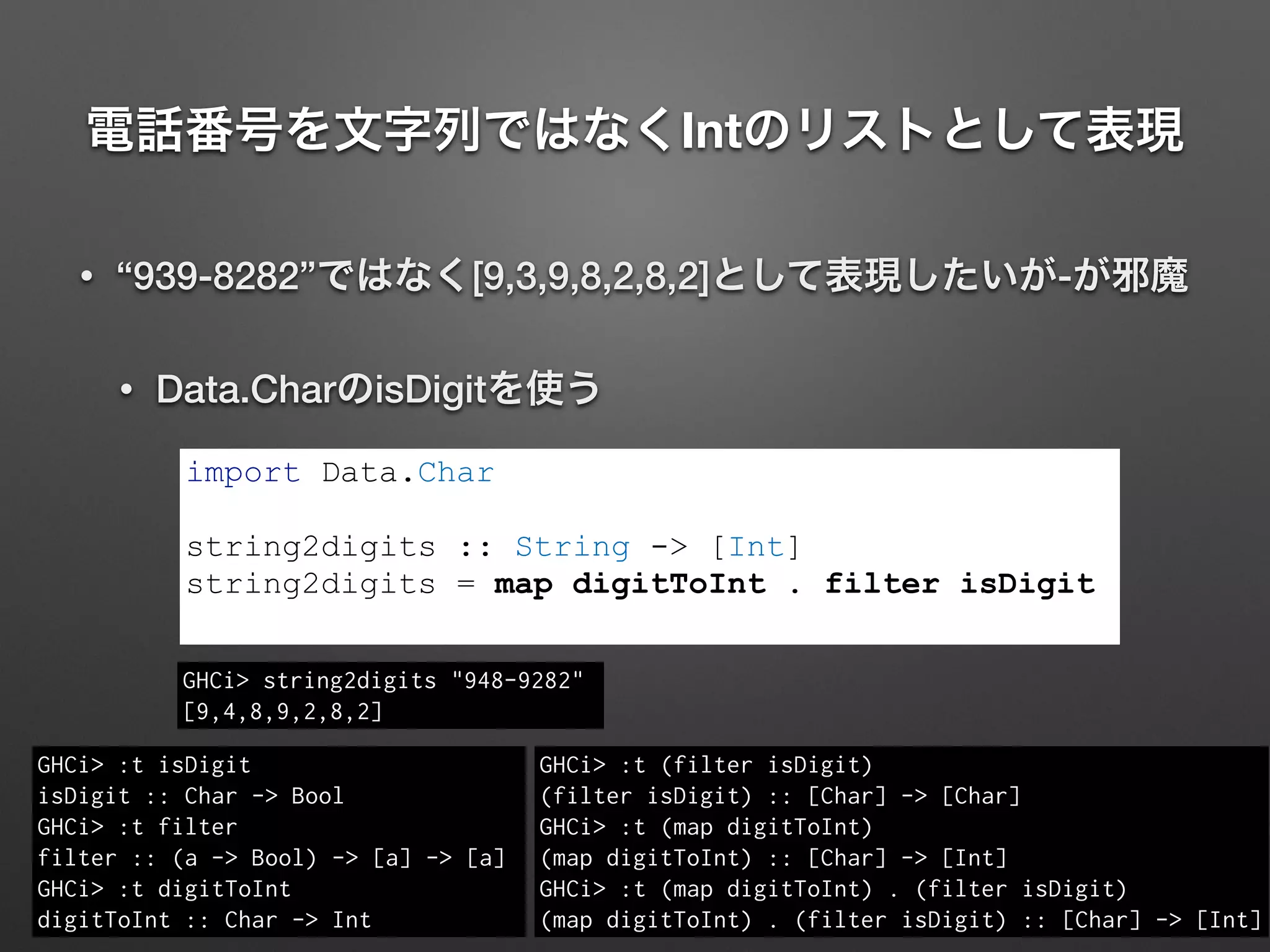 電話番号を文字列ではなくIntのリストとして表現
• “939-8282”ではなく[9,3,9,8,2,8,2]として表現したいが-が邪魔
• Data.CharのisDigitを使う
GHCi> :t isDigit
isDigit :: Char -> Bool
GHCi> :t filter
filter :: (a -> Bool) -> [a] -> [a]
GHCi> :t digitToInt
digitToInt :: Char -> Int
import Data.Char
!
string2digits :: String -> [Int]
string2digits = map digitToInt . filter isDigit
GHCi> :t (filter isDigit)
(filter isDigit) :: [Char] -> [Char]
GHCi> :t (map digitToInt)
(map digitToInt) :: [Char] -> [Int]
GHCi> :t (map digitToInt) . (filter isDigit)
(map digitToInt) . (filter isDigit) :: [Char] -> [Int]
GHCi> string2digits "948-9282"
[9,4,8,9,2,8,2]
 