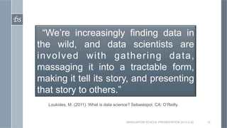 DS	


         “We’re increasingly finding data in
        the wild, and data scientists are
        involved with gathering data,
        massaging it into a tractable form,
        making it tell its story, and presenting
        that story to others.”
          Loukides, M. (2011). What is data science? Sebastopol, CA: O’Reilly.



                                                  GRADUATION SCHOOL PRESENTATION 2013-2-22   13
 