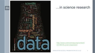 DS	

       …in science research




             http://www.sciencemag.org/content/
             331/6018.cover-expansion


        GRADUATION SCHOOL PRESENTATION 2013-2-22   4
 
