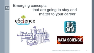 Emerging concepts
DS	

                  that are going to stay and
                      matter to your career




                              GRADUATION SCHOOL PRESENTATION 2013-2-22   9
 