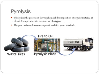 Pyrolysis
 Pyrolysis is the process of thermochemical decomposition of organic material at
elevated temperatures in the absence of oxygen
 The process is used to convert plastic and tire waste into fuel.
 