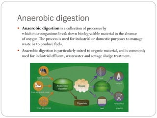 Anaerobic digestion
 Anaerobic digestion is a collection of processes by
which microorganisms break down biodegradable material in the absence
of oxygen.The process is used for industrial or domestic purposes to manage
waste or to produce fuels.
 Anaerobic digestion is particularly suited to organic material, and is commonly
used for industrial effluent, wastewater and sewage sludge treatment.
 