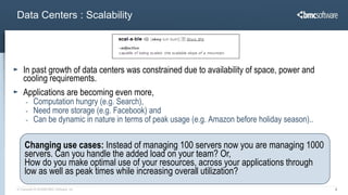 Data Centers : Scalability




    In past growth of data centers was constrained due to availability of space, power and
    cooling requirements.
    Applications are becoming even more,
      -    Computation hungry (e.g. Search),
      -    Need more storage (e.g. Facebook) and
      -    Can be dynamic in nature in terms of peak usage (e.g. Amazon before holiday season)..

     Changing use cases: Instead of managing 100 servers now you are managing 1000
     servers. Can you handle the added load on your team? Or,
     How do you make optimal use of your resources, across your applications through
     low as well as peak times while increasing overall utilization?
© Copyright 6/18/2009 BMC Software, Inc                                                            5
 
