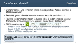 Data Centers : Green IT

      Over provisioning : One of the main culprits of energy wastage! Wastage estimated at
      $100 billion per year!
      Restrained growth: “No more new data centers allowed to be built in London!”
      Powering one server contributes on an average 6 tons of carbon emissions annually!
      That’s similar to the emissions from a large car! Energy Costs = $500 per year!
      BMC is already doing it!
        -    Increased server utilization from 5% to 80%. Packed 17 VMs on each physical server!
        -    Saving $370,000 annually in power and cooling costs,
        -    Will emit 5,300 tons less CO2 each year.

    Changing use cases: Do you have a plan for going green when your management
    asks for it?
© Copyright 6/18/2009 BMC Software, Inc                                                            8
 
