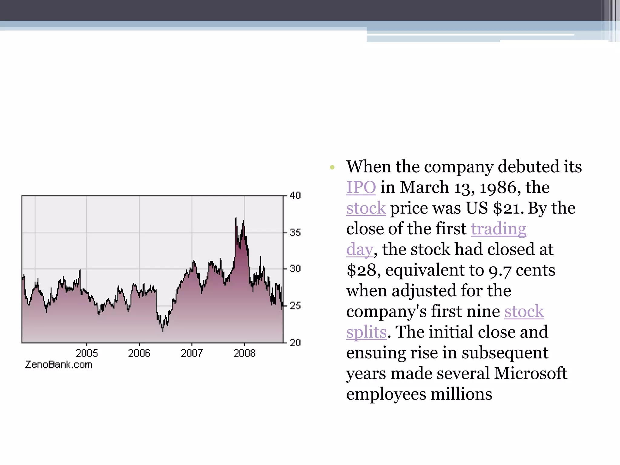 • When the company debuted its
  IPO in March 13, 1986, the
  stock price was US $21. By the
  close of the first trading
  day, the stock had closed at
  $28, equivalent to 9.7 cents
  when adjusted for the
  company's first nine stock
  splits. The initial close and
  ensuing rise in subsequent
  years made several Microsoft
  employees millions
 