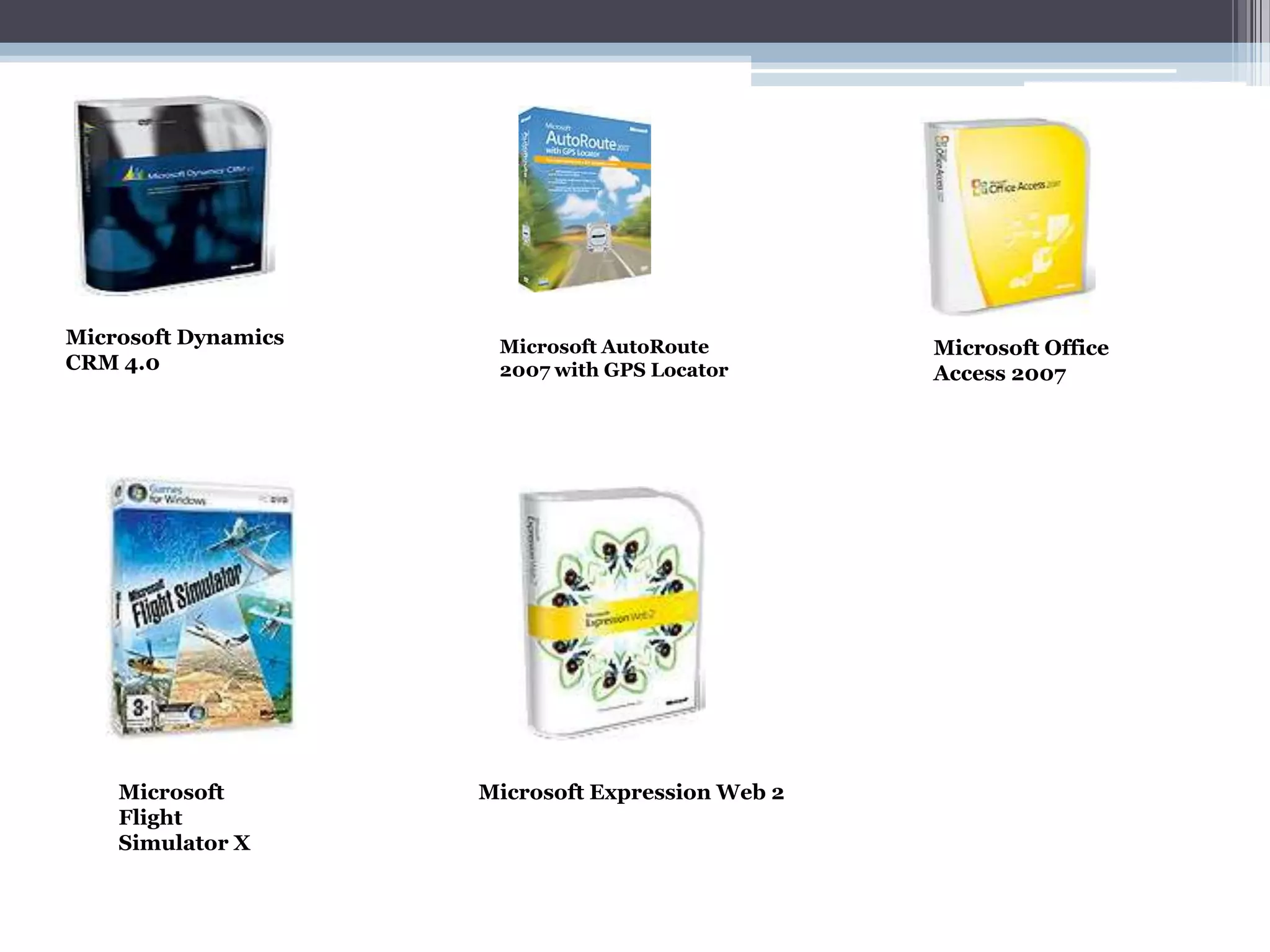 Microsoft Dynamics    Microsoft AutoRoute         Microsoft Office
CRM 4.0               2007 with GPS Locator       Access 2007




    Microsoft        Microsoft Expression Web 2
    Flight
    Simulator X
 