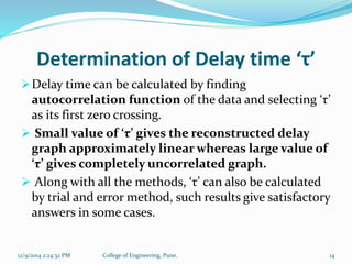 Determination of Delay time ‘τ’ 
Delay time can be calculated by finding 
autocorrelation function of the data and selecting ‘τ’ 
as its first zero crossing. 
 Small value of ‘τ’ gives the reconstructed delay 
graph approximately linear whereas large value of 
‘τ’ gives completely uncorrelated graph. 
 Along with all the methods, ‘τ’ can also be calculated 
by trial and error method, such results give satisfactory 
answers in some cases. 
12/9/2014 2:24:32 PM College of Engineering, Pune. 14 
 