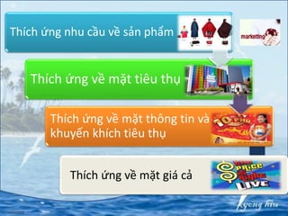 Thích ứng nhu cầu về sản phẩm
Thích ứng về mặt tiêu thụ
Thích ứng về mặt thông tin và
khuyến khích tiêu thụ
Thích ứng về mặt giá cả
 