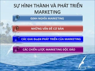 CÁC CHIẾN LƯỢC MARKETING ĐỘC ĐÁO4
ĐỊNH NGHĨA MARKETING
NHỮNG VẤN ĐỀ CƠ BẢN2
CÁC GIAI ĐoẠN PHÁT TRIỂN CỦA MARKETING3
SỰ HÌNH THÀNH VÀ PHÁT TRIỂN
MARKETING
 