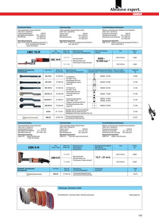 Technische Daten:                                             Technical data:                                               Caractéristiques techniques:
Schutzisolierter Universalmotor:                              Fully insulated single phase motor:                           Moteur universel avec isolation de protection:
230/120 V, 50/60 Hz                                           230/120 V, 50/60 Hz                                           230/120 V, 50/60 Hz
Leistungsaufnahme:               500 W                        Power input:                     500 W                        Puissance absorbée:              500 W
Bandgeschwindigkeit: 6,5–15,5m/s                              Belt speed:                6,5–15,5m/s                        Vitesse de la bande:       6,5–15,5m/s
Bandlänge:                 6 x 520 mm                         Belt dimensions:            6 x 520 mm                        Dimensions de la bande: 6 x 520 mm
                          12 x 520 mm                                                    12 x 520 mm                                                   12 x 520 mm
Normalausrüstung:                                             Standard equipment:                                           Equipement standard:
UBC 10-R: Kabel, Kontaktarm KA 25/9 (*),                      UBC 10-R: Cord set, contact arm KA 25/9 (*),                  UBC 10-R: Câble, support de bandes KA 25/9 (*),
           6-Kt.-Schlüssel SK 4Kabel,                                      hex. key SK 4                                                 clé à 6 pans SK 4
           1 Satz Schlüssel


                                                    Typ           Best.-Nr.     Bezeichnung                        Drehzahl/Speed                  Volt               Poids
            UBC 10-R                             Type / Type      Order No.     Description/Désignation            Vitesse                                             kg

                                                                    111 111                                                                    230 V 50 Hz            1,800
                                                 UBC 10-R
                                                                                Bandschleifer                        4000 –
                                                                                Belt grinding unit                  10 000 min–1
                                                                                Ponceuse à ruban abrasif
                                                                    111 112                                                                    120 V 60 Hz            1,800


Zubehör/Accessories                 Typ/Type           Best.-Nr.       Bezeichnung                        Form der Rolle/Passendes Band / Form of roller/            Gewicht
Accessoires                                           No. de cde.      Description/Désignation            matching belt / Forme du rouleau / bande adaptée             kg

                                    KA 16/4           57 620 03        Kontaktarm                                        BSGB 06/520                                   0,060
                                                                       für UBC 10-R,
                                                                       Bandlänge 520 mm
                                    KA 16/9           57 620 02        Schleifbänder siehe                               BSGB 12/520                                   0,100
                                                                       Seite 39

                                    KA 19/12          57 620 04        Contact arm                                       BSGB 16/520                                   0,100
                                                                       for UBC 10-R,
                                                                       belt length 520 mm
                                   KA 25/1,5          57 620 06        Abrasive belts see                                BSGB 03/520                                   0,100
                                                                       page 39

                                                                       Support des bandes                                BSGB 06/520
                                   KA 25/9 (*)        57 620 01        pour UBC 10-R,                                                                                  0,100
                                                                                                                         BSGB 12/520
                                                                       longueur de bande 520 mm
                                                                       Bandes abrasives voire
                                    KA 23/18          57 620 05        page 39                                           BSGB 19/520                                   0,190

                                                                      Adapter 610 für 610 mm-Bänder
                                         A 610        61 714 01       Adapter 610 for belts 610 mm                                                                     0,100
                                                                      Adaptateur 610 pour bandes 610 mm

                                                                      Einmaulschlüssel/Open
                                     SW 22            37 857 05       end wrench/Clé à fourche                                                                         0,070


Technische Daten:                                             Technical data:                                               Caractéristiques techniques:
Schutzisolierter Universalmotor:                              Fully insulated single phase motor:                           Moteur universel avec isolation de protection:
230/120 V, 50/60 Hz                                           230/120 V, 50/60 Hz                                           230/120 V, 50/60 Hz
Leistungsaufnahme:              1530 W                        Power input:                    1530 W                        Puissance absorbée:              1530 W
Bandgeschwindigkeit:      14,7–31 m/s                         Belt speed:                14,7–31 m/s                        Vitesse de la bande:        14,7–31 m/s
Bandabmessung:            35 x 450 mm                         Belt dimensions:           35 x 450 mm                        Dimensions de la bande: 35 x 450 mm
Normalausrüstung:                                             Standard equipment:                                           Equipement standard:
UBK 6-R: Kabel mit Stecker,                                   UBK 6-R: Cord set, open end wrench                            UBK 6-R: Câble, clé à fourche
            1 Satz Schlüssel



                                                    Typ           Best.-Nr.     Bezeichnung                        Bandgeschwindigkeit             Volt               Poids
             UBK 6-R                             Type / Type      Order No.     Description
                                                                                Désignation
                                                                                                                   Belt speed
                                                                                                                   Vit. de la bande
                                                                                                                                                                       kg



                                                                   111 217                                                                     230 V 50 Hz            4,600
                                                                                Bandschleifer
                                                 UBK 6-R                        Belt grinding unit                 14,7 – 31 m/s
                                                                                Ponceuse à ruban abrasif
                                                                   111 218                                                                     120 V 60 Hz            4,600



Zubehör / Accessories                             Typ/Type          Best.-Nr.   Bezeichnung                       Verwendung                                           Poids
Accessoires                                                         Order No.   Description/Désignation           Application                                           kg
                                                                                Einmaulschlüssel/Open
                                                   SW 22          37 857 05     end wrench/Clé à fourche                                                               0,070




                                                             Werkzeuge / Abrasives / Outils



                                                         Schleifbänder / Abrasive belts / Bandes abrasives                                                       Seite/page 39




                                                                                                                                                                               103
 