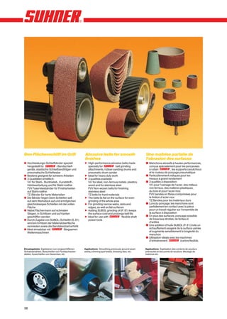 Den Flächenschliff im Griff                        Abrasive belts for smooth                          Une maîtrise parfaite de
                                                   finishes                                           l’abrasion des surfaces
x Hochleistungs-Schleifbänder speziell             n High-performance abrasive belts made             y Manchons abrasifs à hautes performances,
  hergestellt für          -Bandschleif-             specially for             belt grinding            conçus spécialement pour les ponçeuses
  geräte, elastische Schleifbandträger und           attachments, rubber sanding drums and              à ruban              , les supports caoutchouc
  pneumatische Schleifwalze                          pneumatic drum sander                              et le rouleau de ponçage pneumatique
x Bestens geeignet für schwere Arbeiten            n Ideal for heavy duty work                        y Particulièrement indiqués pour les
x 3 Qualitäten erhältlich:                         n 3 qualities available:                             travaux à grand rendement
  VA für Stahl-, Buntmetall-, Kunststoff-,           VA for steel, non-ferrous metals, plastics,      y 3 qualités à disposition:
  Holzbearbeitung und für Stahl rostfrei             wood and for stainless steel                       VA pour l’usinage de l’acier, des métaux
  FVV Faservliesbänder für Finisharbeiten            FVV Non-woven belts for finishing                  non ferreux, des matières plastiques,
  auf Stahl rostfrei                                 stainless steel                                    du bois et pour l’acier inox
  TZ-Bänder für harte Materialien                    TZ belts for hard materials                        FVV bandes en fibres comprimées pour
x Die Bänder liegen beim Schleifen satt            n The belts lie flat on the surface for even         la finition d’acier inox
  auf dem Werkstück auf und ermöglichen              grinding of the whole area                         TZ Bandes pour les matériaux durs
  gleichmässiges Schleifen mit der vollen          n For grinding narrow webs, slots and              y Lors du ponçage, les manchons sont
  Fläche                                             edges, as well as flat surfaces                    parfaitement en contact avec la pièce
x Nebst Flächen kann auf schmalen                  n Adding SUBOL grinding oil (P. 81) keeps            pour un travail régulier sur l’ensemble de
  Stegen, in Schlitzen und auf Kanten                the surface cool and prolongs belt life            la surface à disposition
  geschliffen werden                               n Ideal for use with              flexible shaft   y En plus des surfaces, ponçage possible
x Durch Zugabe von SUBOL-Schleiföl (S. 81)           power tools                                        de traverses étroites, de fentes et
  wird ein Erhitzen der Materialoberfläche                                                              d’arêtes
  vermieden sowie die Bandstandzeit erhöht                                                            y Une addition d’huile SUBOL (P. 81) évite un
x Ideal einsetzbar mit           Biegsamen                                                              échauffement exagéré de la surface usinée
  Wellenmaschinen                                                                                       et augmente sensiblement la longévité du
                                                                                                        manchon
                                                                                                      y Utilisation idéale avec les machines
                                                                                                        d’entraînement                à arbre flexible.

Einsatzgebiete: Egalisieren von vorgeschliffenen   Applications: Smoothing previously ground seam     Applications: Egalisation des cordons de soudure
Schweissnähten, Beischleifen von Punktschweiss-    welds, trimming spot welds, dressing dies, etc.    prémeulés et des points de soudure. Meulage de
stellen, Ausschleifen von Gesenken, etc.                                                              matrices etc.




38
 