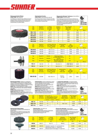Reinigungsscheiben/Walzen                                              Cleaning discs/brushes                                       Disques de nettoyage / tambours, en tissu de fibres.
FVOK, FVOS: offen strukturiert.                                        FVOK, FVOS: high strength discs, open web                    FVOK, FVOS à structure ouverte
Zum Entfernen von starker Korrosion, Walzhaut auf warm-                For removing severe corrosion, mill scale on hot-rolled      Pour le nettoyage sommaire à des vitesses d’utilisation plus
gewalzten Stählen, hartnäckig haftenden Farbschichten                  steels, stubborn paint on metals. Excellent results when     grandes. Pour l’élimination de la corrosion tenace, de la croûte
auf Metallen. Optimale Ergebnisse beim Reinigen von                    trimming welds on stainless steels.                          de laminage sur les aciers aminés à chaud, de la peinture forte-         max.
Schweissnähten auf rostfreien Stählen.                                                                                              ment adhérente sur les surfaces métalliques. Résultats opti-             30 m/sec
                                                                                                                                    mums lors du nettoyage des soudures sur
                                                                                                                                    l’acier inoxydable.                                                      45 m/sec
                                                               Typ                Bestell-Nr.            ø x Breite                Schaft-ø                   Max. Drehzahl
                                                               Type               Order No.              dia x width               Shaft dia                   MAX. RPM
                                                               Type               No. de cde.            ø x largeur                Tige ø                    Vitesse max
                                                                                                             mm                      mm                           min–1                        kg               Stück
                                                           FVOK 75/13              907 055                  75 x 13                      6                        8 000                      0,295               5
                                                           FVOK 75/26              907 056                  75 x 26                      6                        8 000                      0,440               5
                                                           FVOK 100/13             907 057                100 x 13                       6                        6 000                      0,420               5
                                                           FVOK 100/26             907 058                100 x 26                       6                        6 000                      0,665               5
                                                           FVOK 150/13             907 059                150 x 13                       8                        4 000                      0,800               5
                                                           FVOK 150/26             907 060                150 x 26                       8                        4 000                      1,290               5


                                                               Typ                Bestell-Nr.           ø x Breite x Bohrung                 Aufnahmedorn               Max.
                                                               Type               Order No.              Dia. x width x bore                    Spindle               Drehzahl
                                                               Type               No. de cde.            ø x larg. x alésage                  Porte-outils           MAX. RPM
                                                                                                                 mm                                                    min–1                   kg              Pieces
                                                            FVOS 100/13            903 462                   100 x 13 x 14                      FD 6–14                  6 000               0,400               5
                                                            FVOS 150/13            903 463                   150 x 13 x 14                      FD 6–14                  4 000               0,470               5
                                                            FVOS 200/13            906 362                   200 x 13 x 14                      FD 8–14                  3 000               0,370               2

                                                               Typ                Bestell-Nr.          Schaft ø               Werkzeug-Grösse                           für
                                                                                                                           ø x Breite x Bohrung mm
                                                               Type               Order No.            Shaft dia                    Tool size                           for
                                                                                                                            Dia. x width x bore mm
                                                               Type               No. de cde.          Queue ø               Dimension des outils                      pour
                                                                                                         mm                 ø x larg. x alésage mm                                             kg              Pièces
                                                                                                                                                                 FVOS 100/13
                                                             FD 6–14               904 705                  6                     150 x 20 x 14
                                                                                                                                                                 FVOS 150/13
                                                                                                                                                                                             0,040               1

                                                             FD 8–14               904 706                  8                     200 x 35 x 14                  FVOS 200/13                 0,090               1


                                                              Typ                Bestell-Nr.            ø x Breite x Bohrung                 Aufnahmedorn               Max.
                                                              Type               Order No.               Dia. x width x bore                    Spindle               Drehzahl
                                                              Type               No. de cde.             ø x larg. x alésage                  Porte-outils           MAX. RPM
                                                                                                                 mm                                                    min–1                   kg              Pieces


                                                           FVOW 105/100            907 895                 100 x 100 x 19                      FG M14 -                  5700                0,552               1
                                                                                                                                               19 x 100



Reinigungsscheiben bestehen aus synthetischen                          Cleaning discs consist of synthetic fibre, mineral           Les disques de nettoyage se composent de fibres
Fasern, Schleifkorn und Harz. Ideal für rostfreie Stähle zum           and resin. Specially for fast and constant cleaning of       synthétiques, d’abrasifs et du liant. Ils e’ffectuent ideal pour
schnellen und konstanten Reinigen, für metallisch saubere              stainless steel without removing material.                   l’acier inoxydable, un nettoyage régulier et rapide, pour une
Oberflächen. Aber auch zum Entfernen von Korrosion, Zunder,            Also suitable to remove rust, surface contaminants           surface métallique propre.
Anlauffarben und hartnäckig haftenden Farben.                          and coatings, to clean weld seams.                           FVOT 115: Grâce au dos en fibre, il est possible de
FVOT 115 zur direkten Befestigung auf Winkelschleifern                 FVOT 115 direct mount to any R/A grinder, like a             monter les disques sans support complémentaire sur la
dank integriertem Fiberrücken, kein zusätzlicher Stützteller           hub wheel, no extra backing pad required.                    meuleuse d’angle.
erforderlich.                                                          FVOS 115-K with Hook & Loop mounting suitable                FVOS 115-K avec fixation velcro pour l’utilisation avec
FVOS 115-K mit Klettverschluss zur Verwendung auf                      to use with backing pad FSS 115-K.                           plateau support FSS 110-K.
Kunststoffschleifteller FSS 110 Klett.                                 FVOT 115-L With radially positioned discs for                FVOT 115-L avec lamelles à rangement radial pour
FVOT 115-L Mit radial angeordneten Lamellen für ver-                   enhanced cleaning performance. With plastic back-            une puissance de nettoyage renforcée. Avec dos en matière                max.
stärkte Reinigungsleistung. Mit Kunststoffrücken; kann direkt
auf Winkelschleifern befestigt werden.
                                                                       plate. Can be fitted to angle grinders directly.             plastique; peut être directement fixé sur les meuleuses
                                                                                                                                    angulaires.
                                                                                                                                                                                                             60 m/sec
                                                                Typ              Bestell-Nr.        D = ø / dia. / ø                               Schleifteller           Max. Drehzahl
                                                               Type              Order No.          d = Bohrung/Bore/Alésage                      Backing pad                Max. RPM
                                                               Type              No. de cde.        B = Breite/Width/Largeur                     Plateau support           Vitesse max.
                                                                                                     D (mm)        d (mm)         B (mm)                min–1                                           kg       Stück
                                                             FVOT 115              903 468             115            22,2          13                    –                     10 000                 0,400         5
                                                            FVOS 115-K             908 018             115             –            13              FSS 110-K                   10 000                 0,250         5
                                                            FVOT 115-L             908 977             115                                                                       6 000                               5


Reinigungsscheiben/Walze                                         Cleaning discs, open web for use                                 Disques de nettoyage, en tissu de fibres
offen strukturiert, zur Aufnahme auf die Stützteller des         with lock system disc pads.                                      à structure ouverte, conçue pour être installée sur les disques
Schleifsystems.                                                  Especially suitable for tough mechanical cleaning jobs,          support du système de meulage.
Bestens geeignet zum Entfernen von Korrosion, Farbe,             weld-beat cleaning and surface preparations                      Convient tout particulièrement pour l’enlèvement de la corrosion,
Anlauffarben, zum Reinigen von Schweissnähten und
anderen metallischen Oberflächen.
                                                                 (grinding system see pages 70–73)                                de la peinture, de couches d’apprêt, pour le nettoyage des cor-
                                                                                                                                  dons de soudure et d’autres surfaces métalliques.
                                                                                                                                                                                                             max.
(Schleifsystem Seite 70–73)                                                                                                       (Système de meulage pages 70–73)                                           50 m/sec
                                                               Typ               Bestell-Nr.                 ø x Breite                         Stützteller               Max. Drehzahl
                                                               Type              Order No.                   Dia x width                       Backing pad                 MAX. RPM
                                                               Type              No. de cde.                 ø x largeur                     Disques support              Vitesse max
                                                                                                                 mm                                mm                           min–1                   kg      Pieces

                                                             FVOS 50               908 017                      50 x 13                          SBH 50                        20 000                  0,550      25

                                                             SBH 50 M              900 972          Stützteller, Gewinde 1/4” und Schaft 6 mm                                  20 000                  0,060         1
                                                                                                    Backing pad, thread 1/4”, shaft 6 mm
                                                             SBH 50 H              900 973          Disques support, taraudage 1/4”, tige 6 mm                                 20 000                  0,060         1



52
 